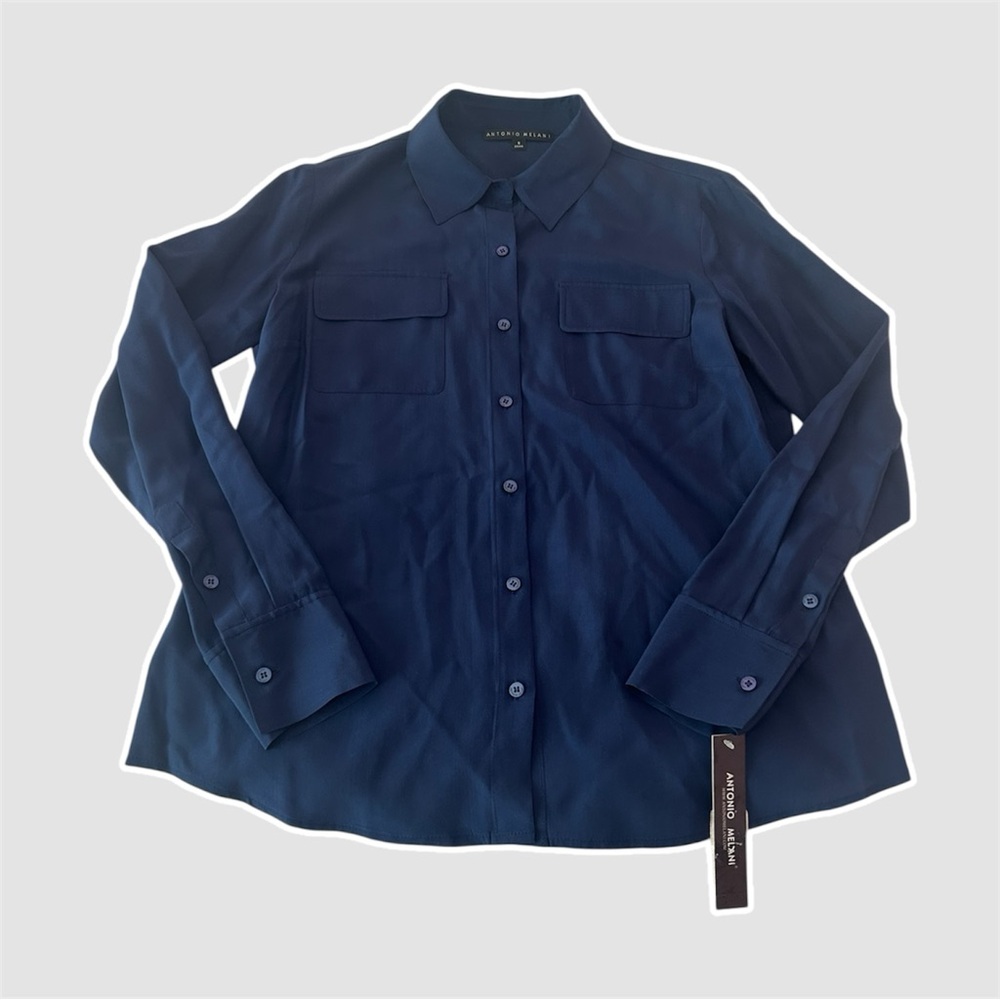 antonio melani women's silky utility blouse (button-down) in navy - size small